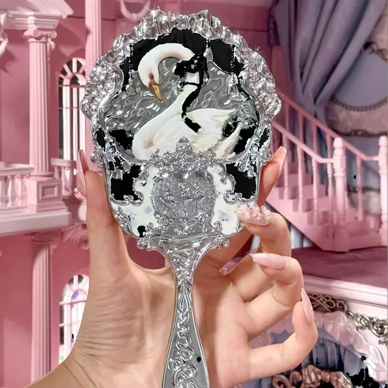 Flower Knows Swan Ballet Series Crystal Mirror Exquisite Textured Hand Mirror Blue Pink Ladies Makeup Tools