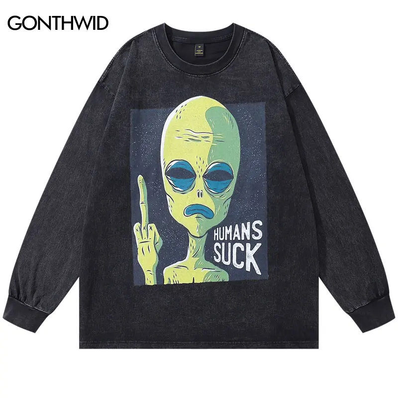 

Vintage Black Tshirt Streetwear Funny Alien Graphic Printed Oversize T-Shirt Hip Hop Harajuku Cotton Casual Long Sleeve Tee Tops