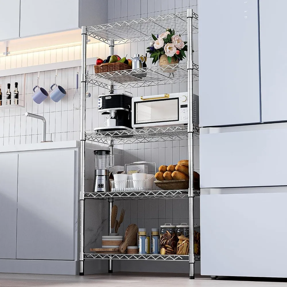 MZG Steel Storage Shelving 5-Tier Utility Shelving Unit Steel Organizer Wire Rack for Home,Kitchen,Office,Chrome (13.7" D x 35.4