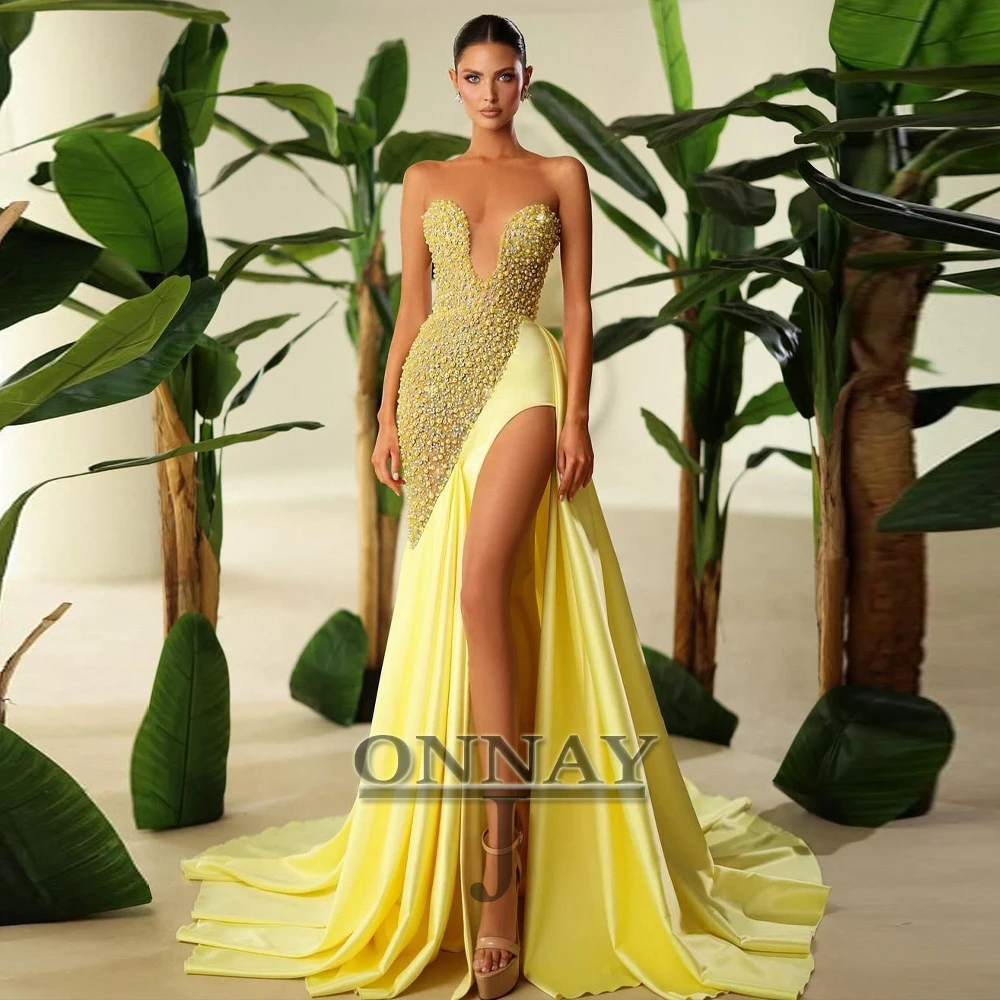 Customized Bling Strapless Prom Dresses for Women Pearls Sequins Beadings with Slit Pleat Mermaid Gala Bespoke Vestidos De Gala