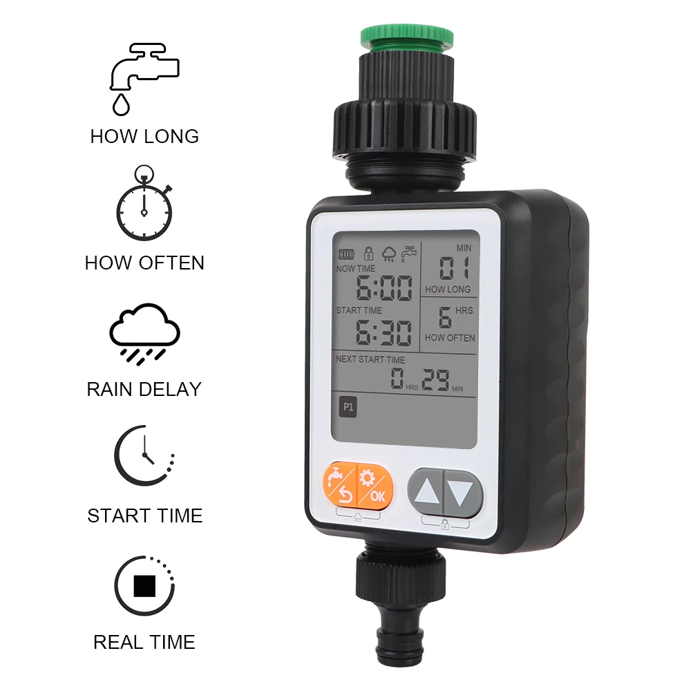 Battery Operated Garden Watering Timer Large Screen Irrigation Controller Rain Sensor Automatic Waterproof Multiple Program