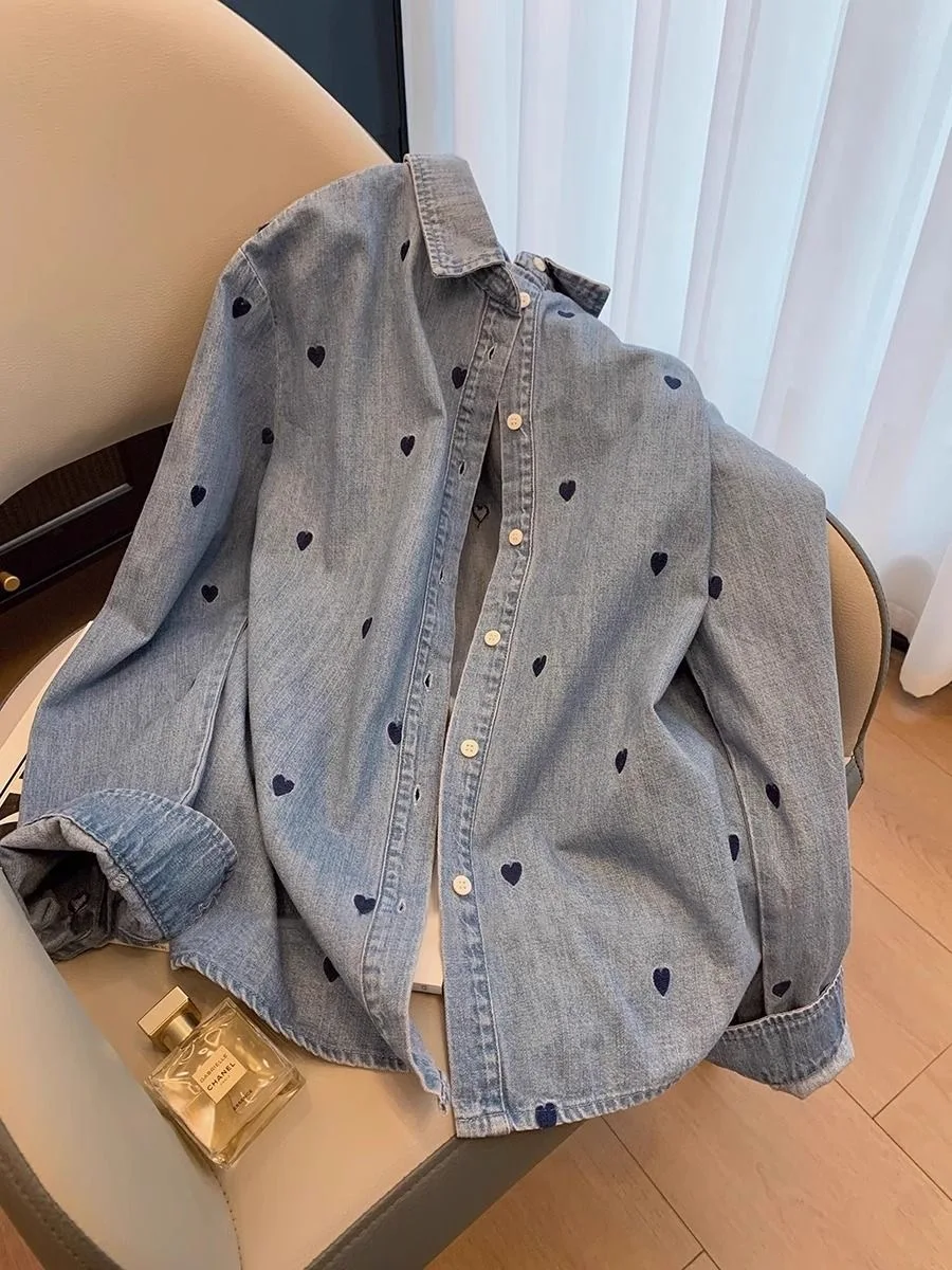 

plus Size 300 Pou Slimming Agel Love Embroidery Collar irt Women Spring Autumn Loose Casual Denim Jaet