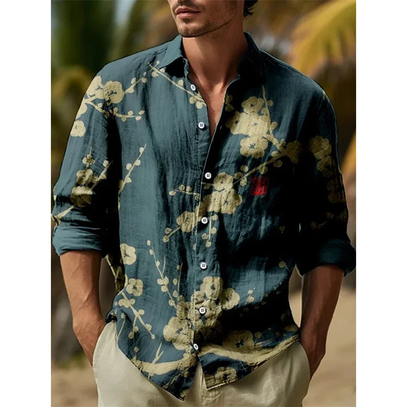 New men's classic striped checkered long sleeved shirt, men's classic red casual fashion flower top shirt
