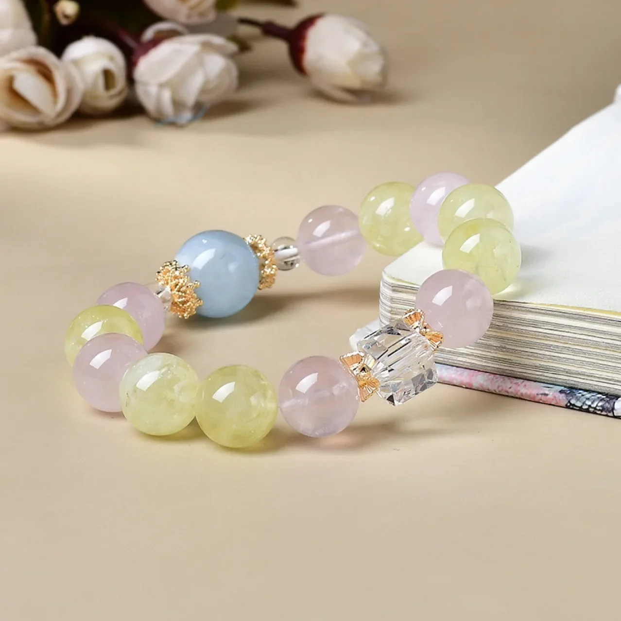 

Natural Citrine Powder Crystal Aquamarine Duobao Bracelet Women's Light Luxury Fashion Lucky Bracelet, Gift