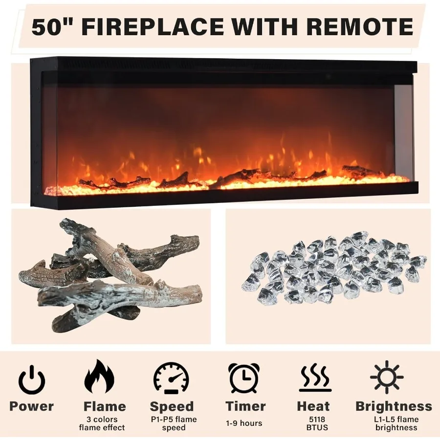 Rak TV Perapian 4 EVER WINNER dengan Perapian Listrik 50 inci, Pusat Hiburan Perapian dengan 3 Sisi Kaca dan 3 Laci