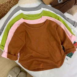 2024 Spring New Korean Style Baby Boys Cotton T-shirts Solid Color Kids Tops Long Sleeve Loose Toddlers Children Casual Tees