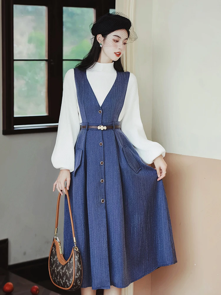 Fashion Office Lady Two Piece Dress Set Women Autumn Winter White Sweater and Long Woolen Dress Outfits