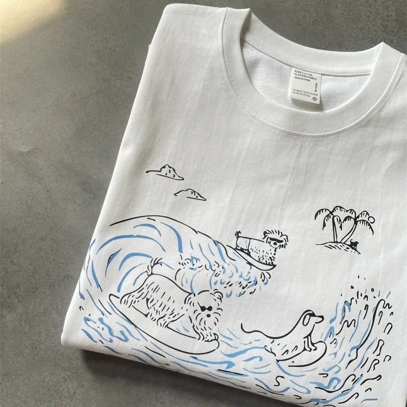 Summer Surfing Dogs Cartoon Korean T Shirts Men Women Pure Cotton Comfortable Summer Tops Loose Oversized Harajuku Kawaii Tees