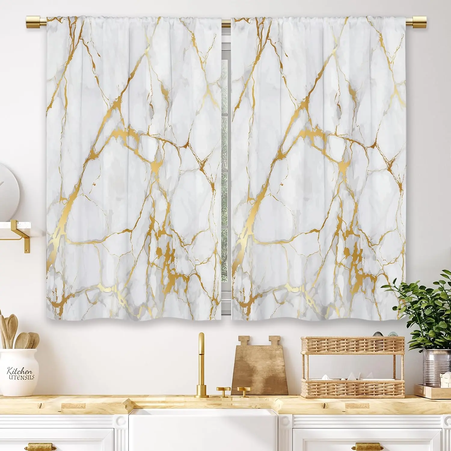 Gold Marble Kitchen Curtains Golden Luxury Abstract Small Short Cafe Window Curtains White Modern Texture Rod Pocket Bathroom