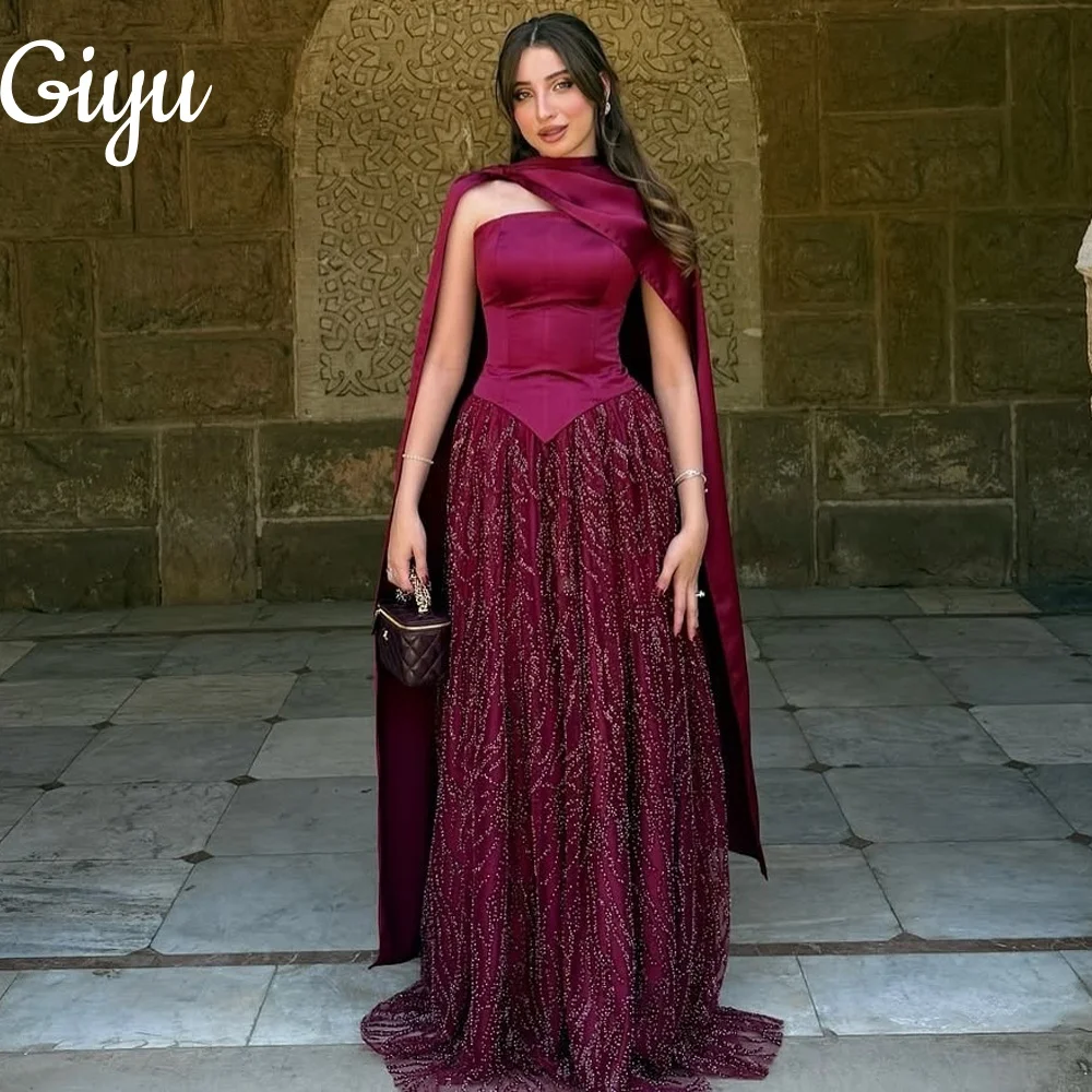 

Giyu Modern Purplish Red Beaded Lace Evening Dresses Saudi Arabic Sleeveless Strapless Scarf Customsied Formal Occasion Dresses
