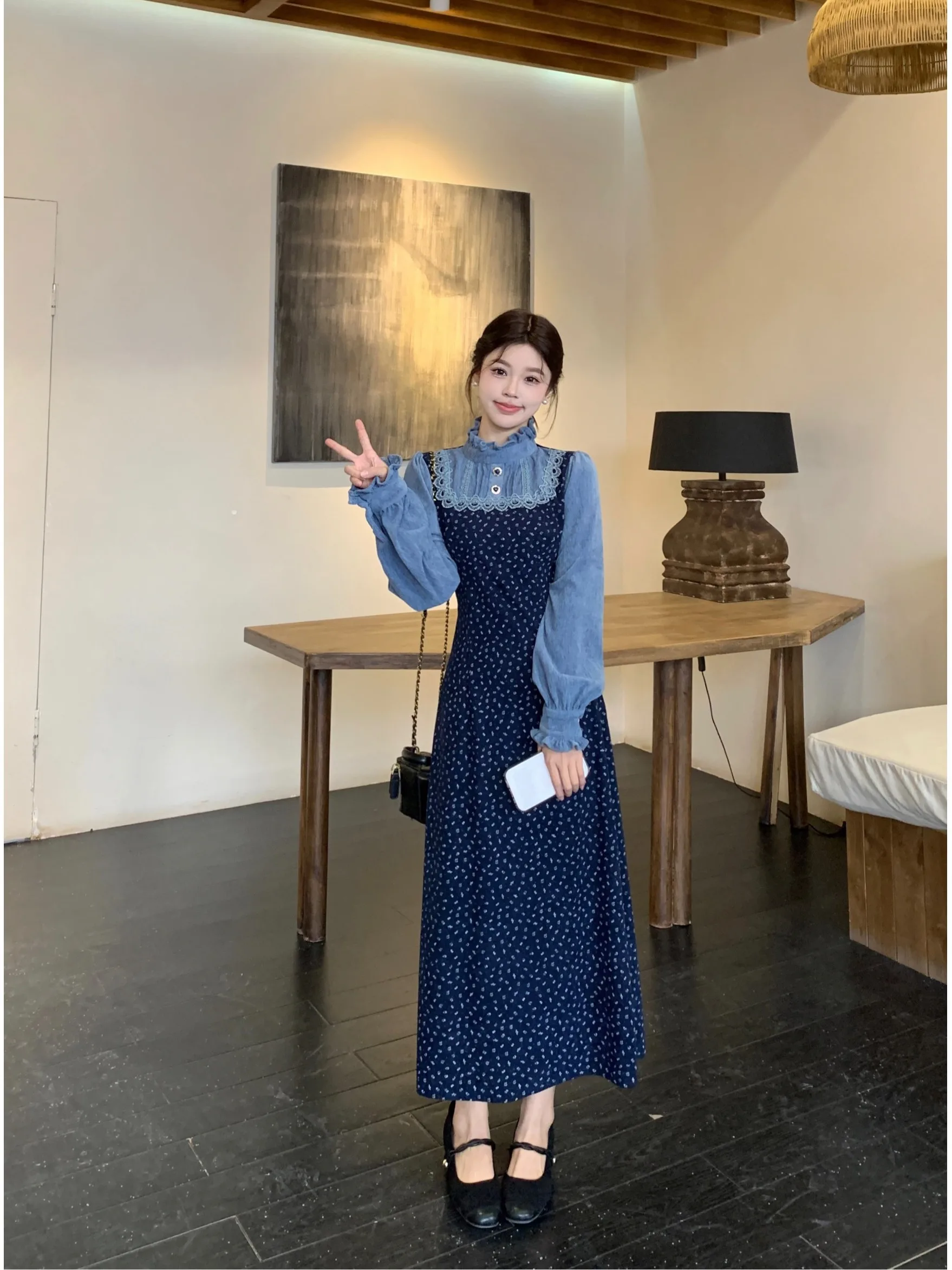 

plus Size Floral Print Patchwork Long Dress Slimming Waist Design Autumn Winter New Style Korean Style A-Line Dress