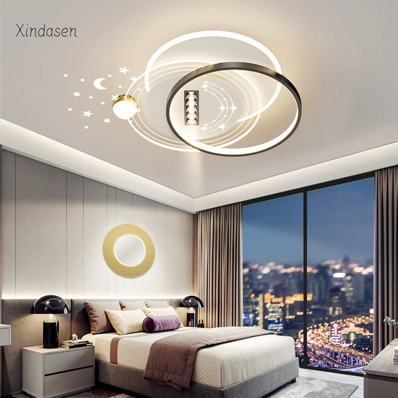 

Minimalist Led Ceiling Lights With Starry Night Spotlights Black Ring Round Ceiling Chandelier For Bedroom Living Kids Room Lamp