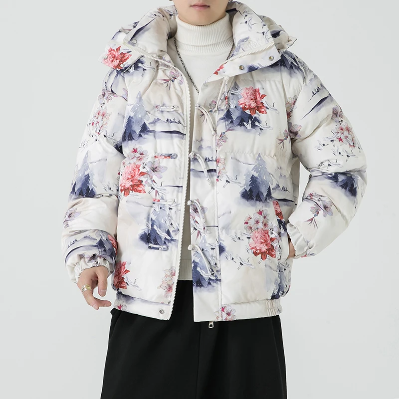 Men Cotton Padded Jacket Fashion Winter Couple Print Jacket Hooded Zipper Windproof Parkas Male Casual Thick Coats Unisex Parkas
