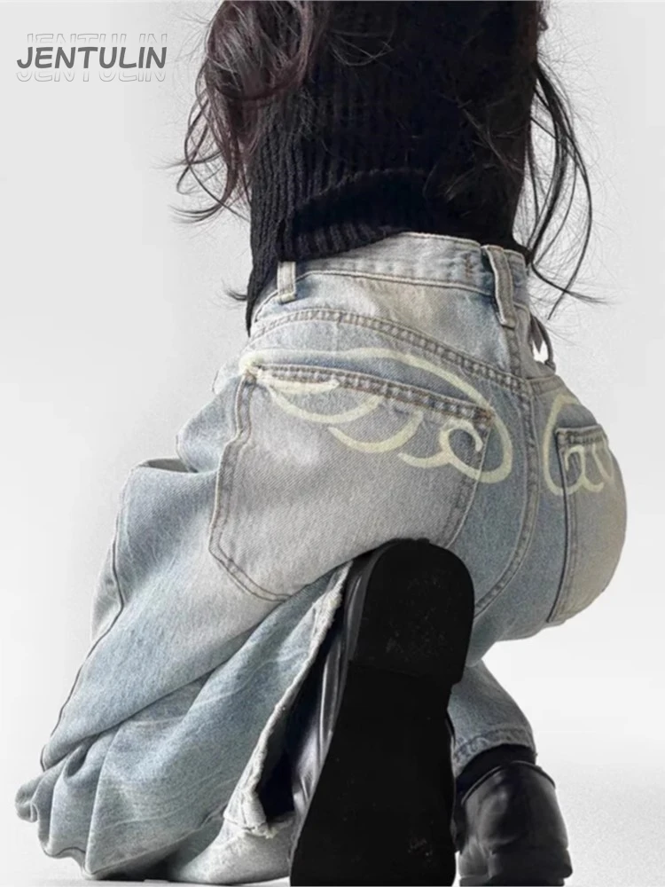 American Retro Design Wash Washed Baggy Jeans Women Spring Wings Print Straight-leg Long Trousers Y2k Leisure High Quality Jeans
