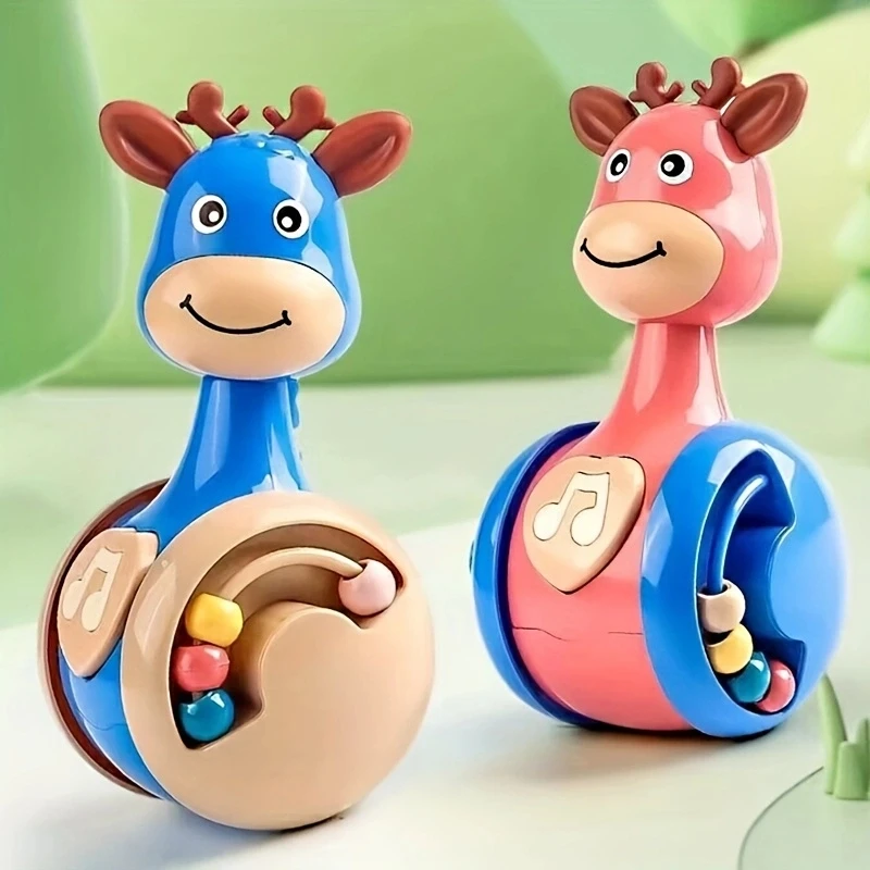 Baby Tumbler grzechotka przesuwany jeleń nauka zabawki edukacyjne noworodek gryzak niemowlę ręczny dzwonek prasa mobilna piszcząca zabawka Roly-Poly