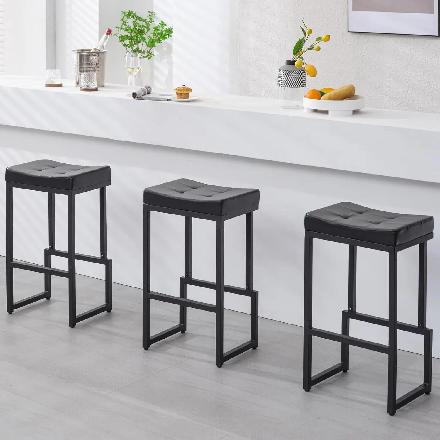 Cadeiras de Bar para Ilha de Cozinha, Couro Sintético e Metal, Preto, Conjunto de 3 Peças com 28 Assentos