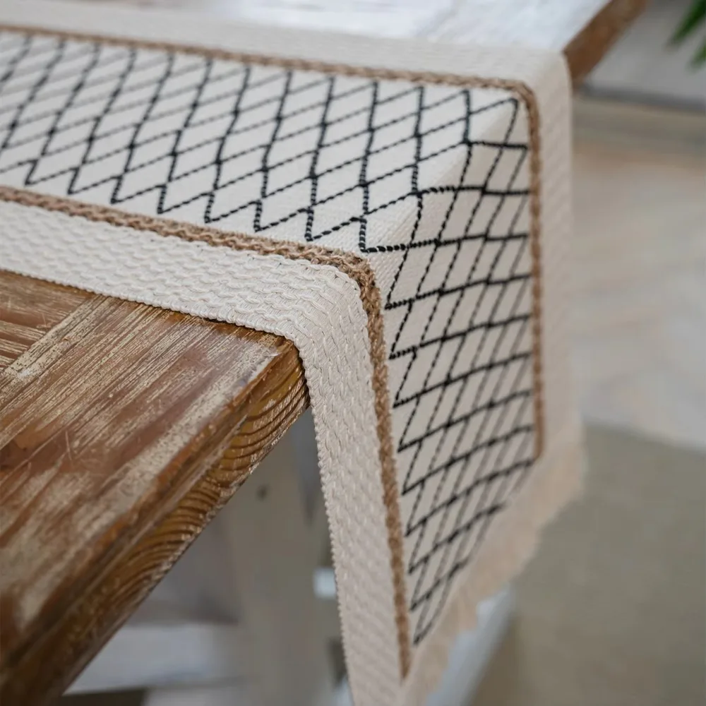 الشمال نمط البوهيمي الجدول عداء القطن والكتان الماس نمط غطاء الطاولة مع شرابة ريفي عيد الميلاد مفرش طاولة #5