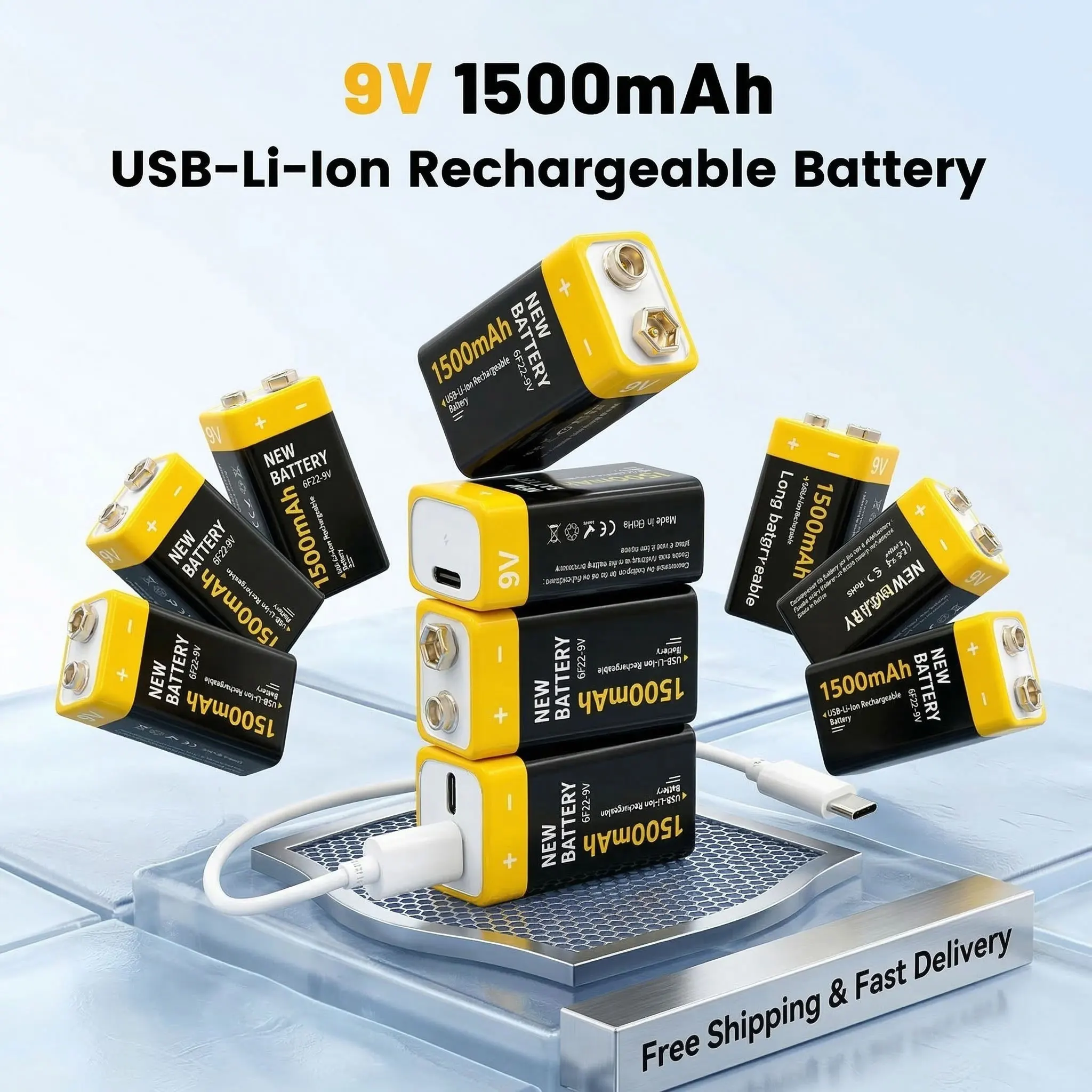 

Rechargeable 9V Lithium Battery 1500mAh 6F22 Type-C for Metal Detector, Remote Control, Helicopter, Microphone, Model Toys