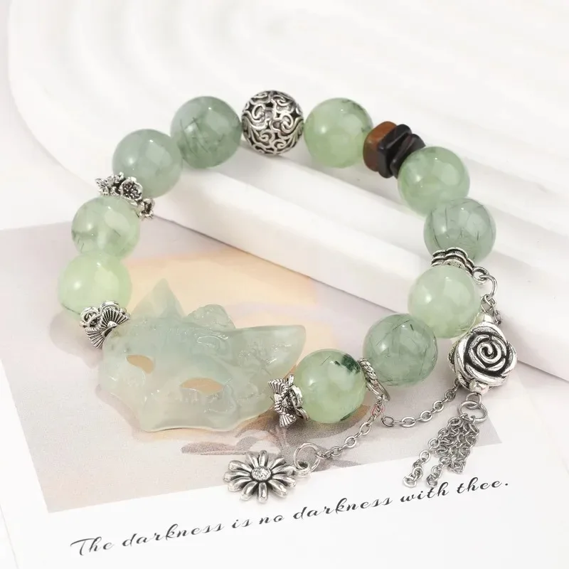 [Qingqiu Fox] Personalized retro antique design natural green hair crystal hand string Xiuyu fox mask