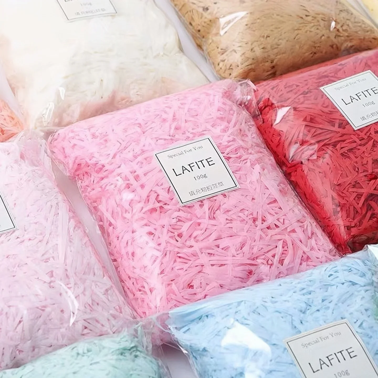 Cajas de dulces de papel triturado de rafia colorida de 100/200g, Material de relleno de caja de regalo DIY, decoración de relleno de embalaje de regalo de fiesta de tejido