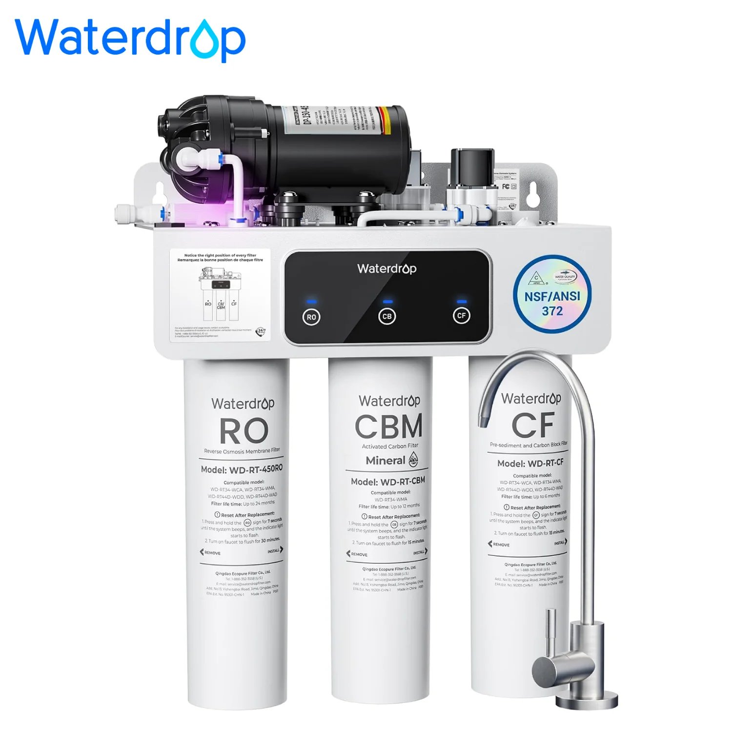 Waterdrop T3-M Remineralization Reverse Osmosis Water Filter, 450 GPD | NSF/ANSI 372 Certified, 9-Stage Tankless RO System, Tankless RO Water Filtration System, 2:1 Pure to Drain, Plug-in Required