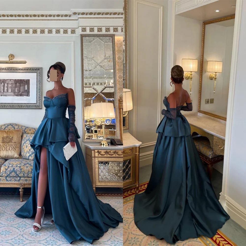 

Customized Exquisite Dark Blue Satin Evening Dress Delicate Strapless Detachable Sleeve Long Sleeves Lace Up Back Prom Dress
