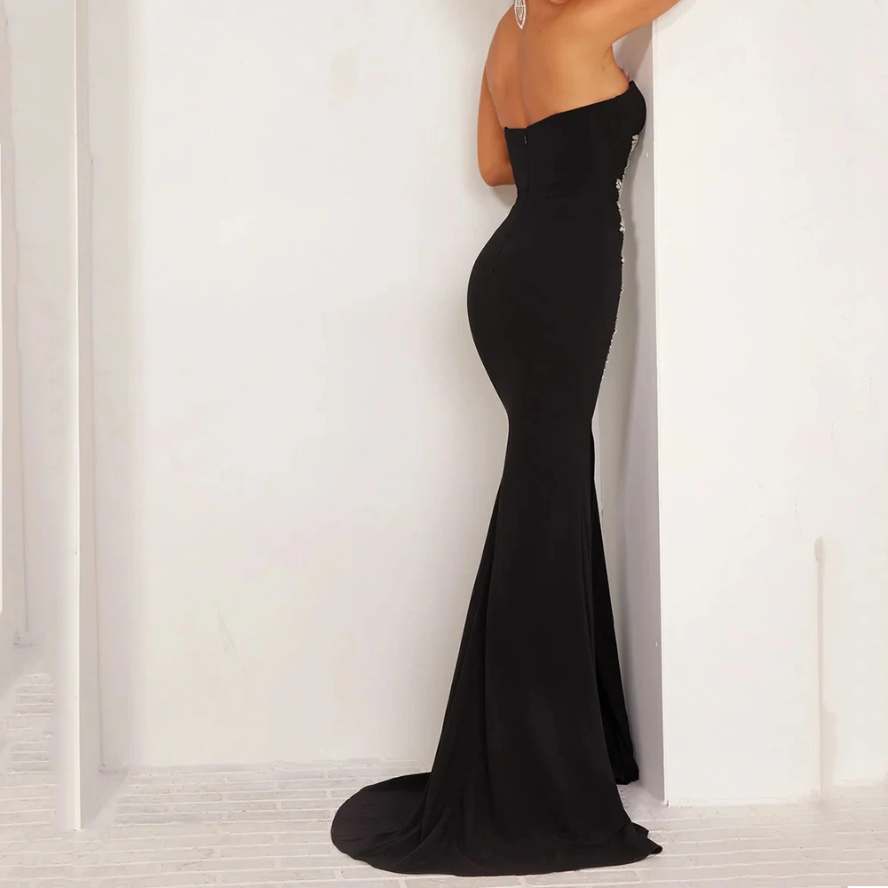 Vestidos de Noche de sirena negros para mujer, vestido de fiesta sin mangas hasta el suelo, sin tirantes, vestido personalizado drapeado con flores de cristal a la moda