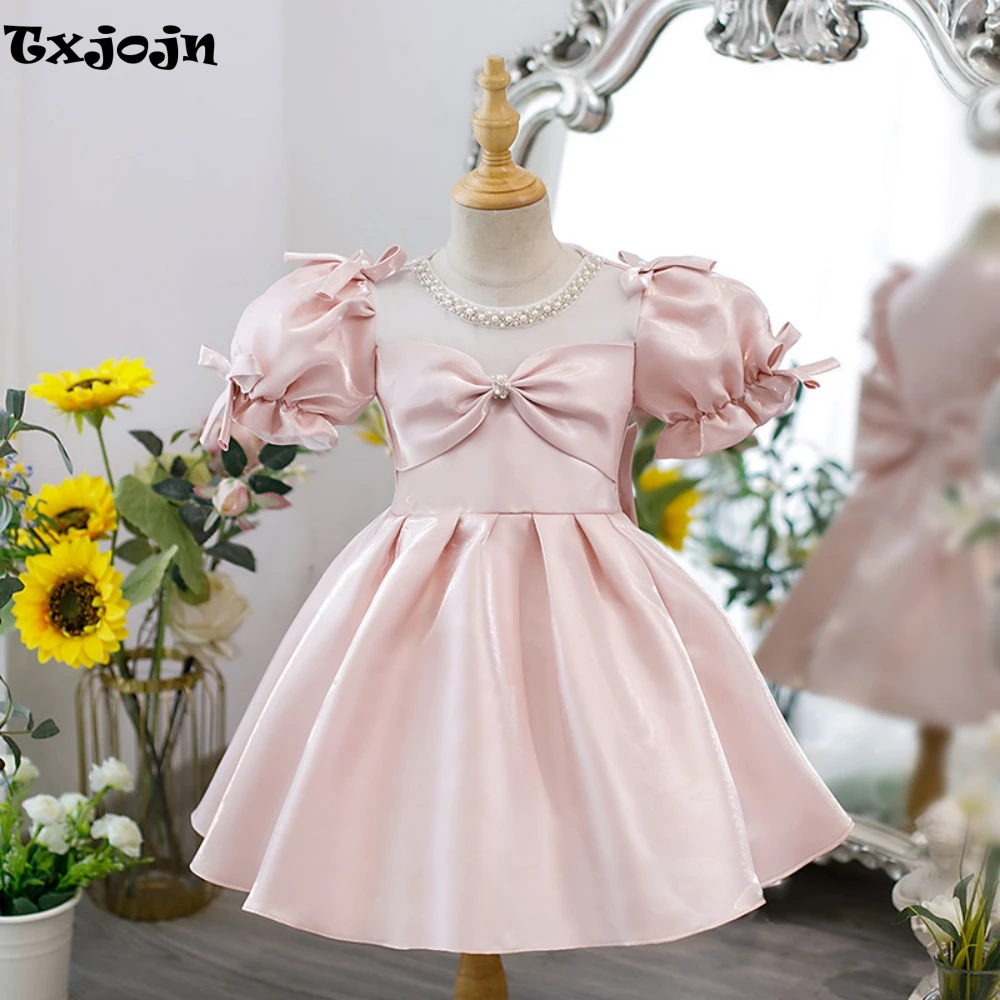 Shiny Pink Bow Pearls Princess Gown For Children Birthday Party Elegant Cute A-line Puff Sleeve Wedding Girls Dresses Customized