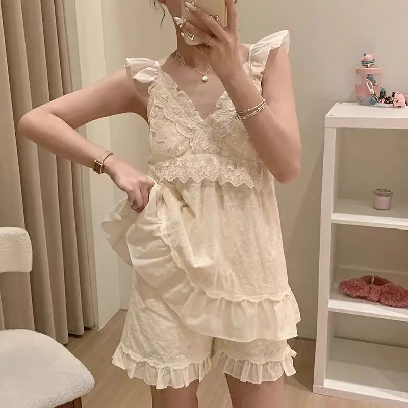 

Корейская версия пижамных комплектов принцессы, женский летний новый костюм, милая кружевная домашняя одежда для девочек, комплект из двух предметов, подарки, ночная рубашка