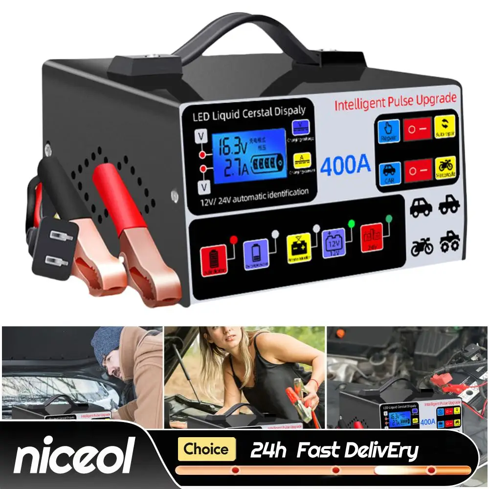 

400A Heavy Duty Smart Battery Charger 12V/24V Intelligent Pulse Repair Charger LCD Display Self-Stop Battery Charger Five-Stage