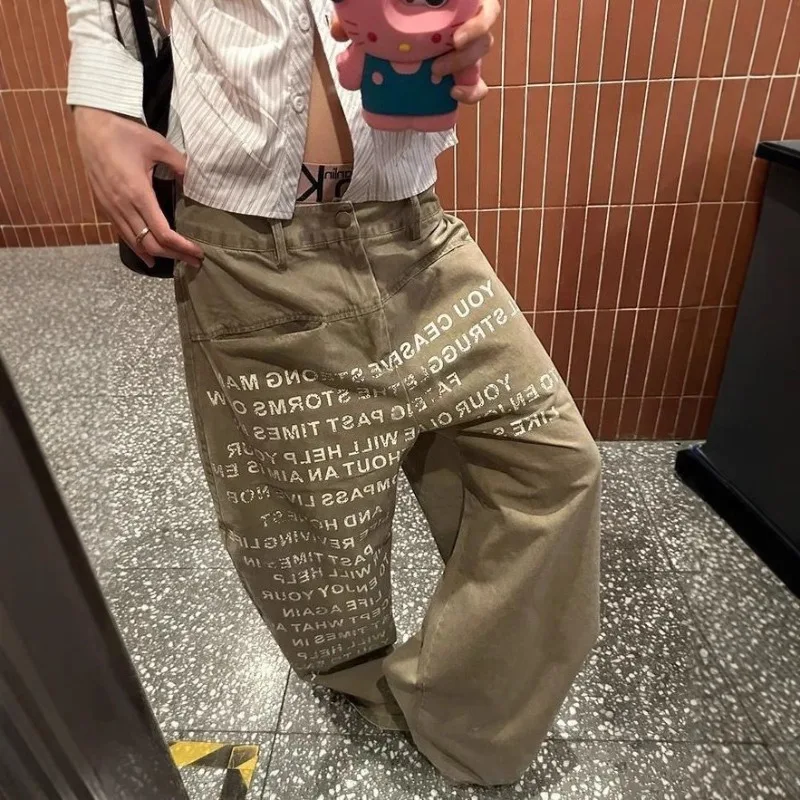 

American Street Washed Retro Letter Printed Jeans for Women Loose Straight Leg Slim and Hanging Wide Leg Pants Female Clothing