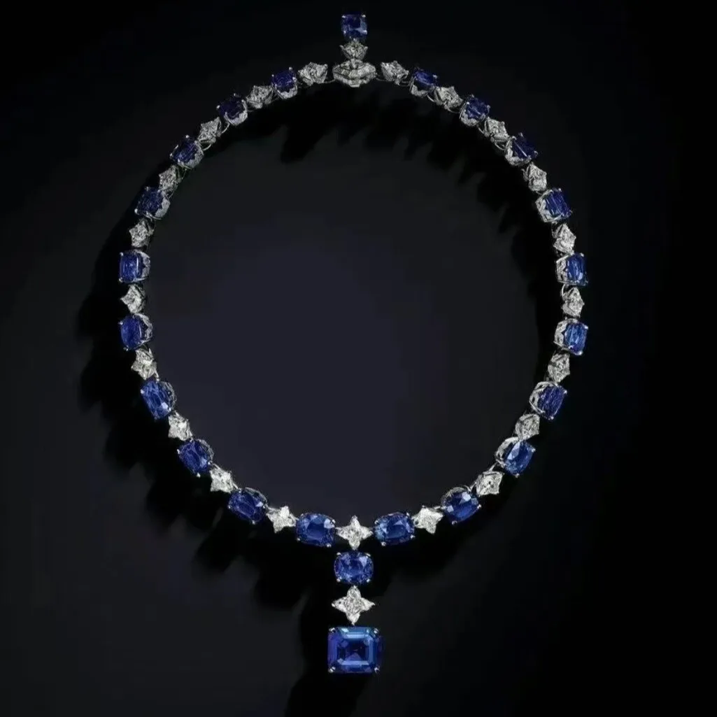 Luxury 925 Sterling Silver Emerald Lab Sapphire High Carbon Gemstone Necklaces For Women Anniversary Wedding Party Fine Jewelry
