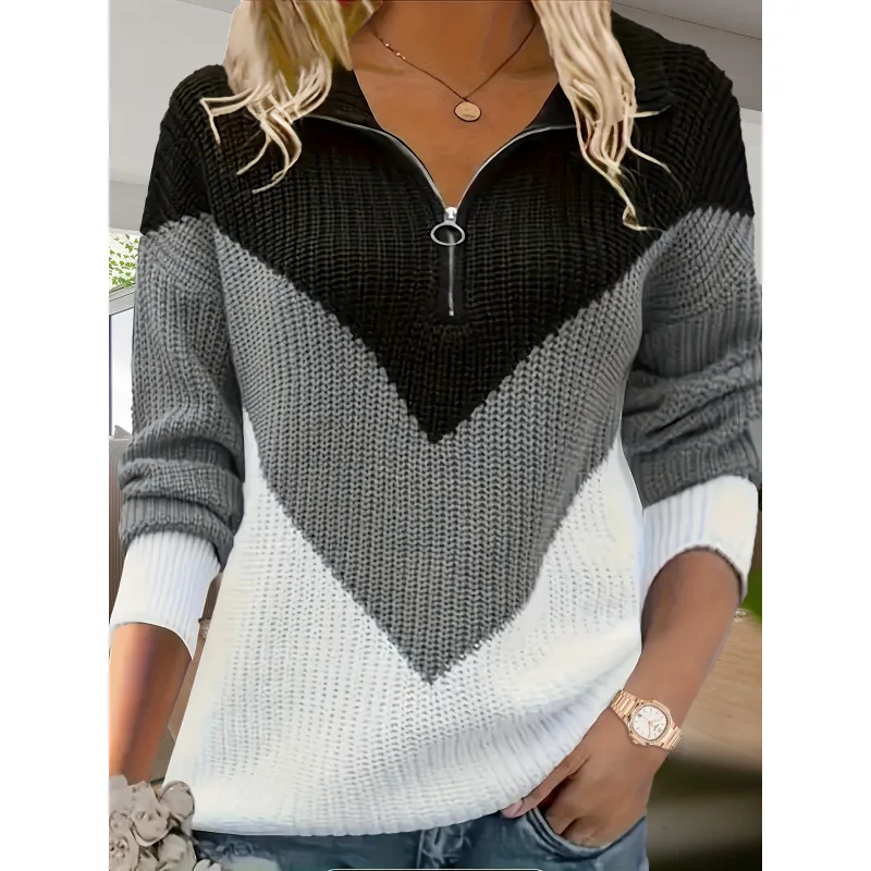

Color Block Zip Knit Sweater Collision Color Zipper Women's Ultra Thin Spring Fashion Ladies Premium Quality Knittedwear
