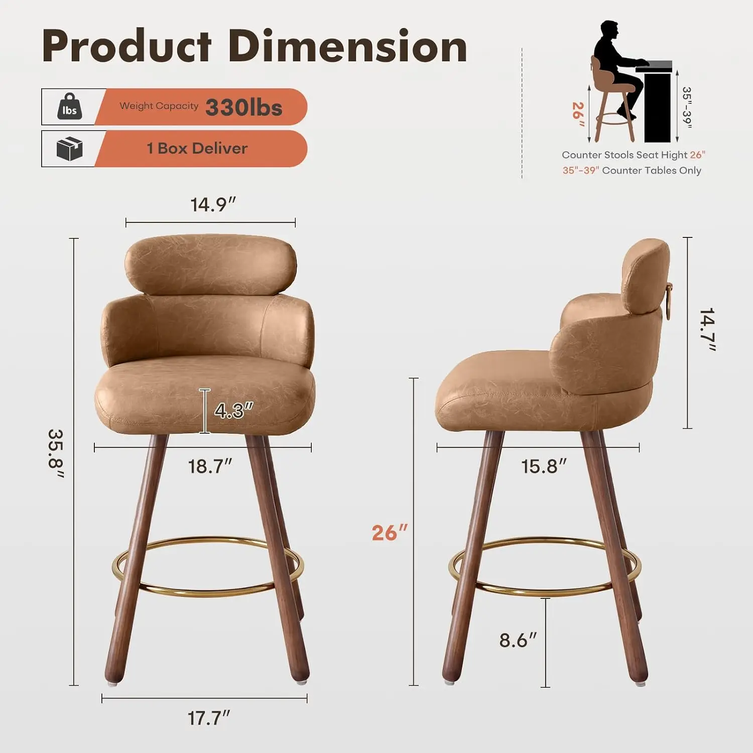 26 Inch Counter Height Bar Stools Set of 2, 360° Swivel PU Leather Upholstered Bar Chairs with Back, Wood Legs,Customized