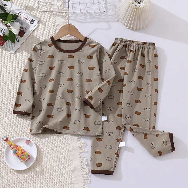 Boys Girls Autumn Pure Cotton Pajamas Sets Baby Cute Cartoon Bear Long Sleeve T-Shirt Tops + Pants Children's Casual Sleepwear