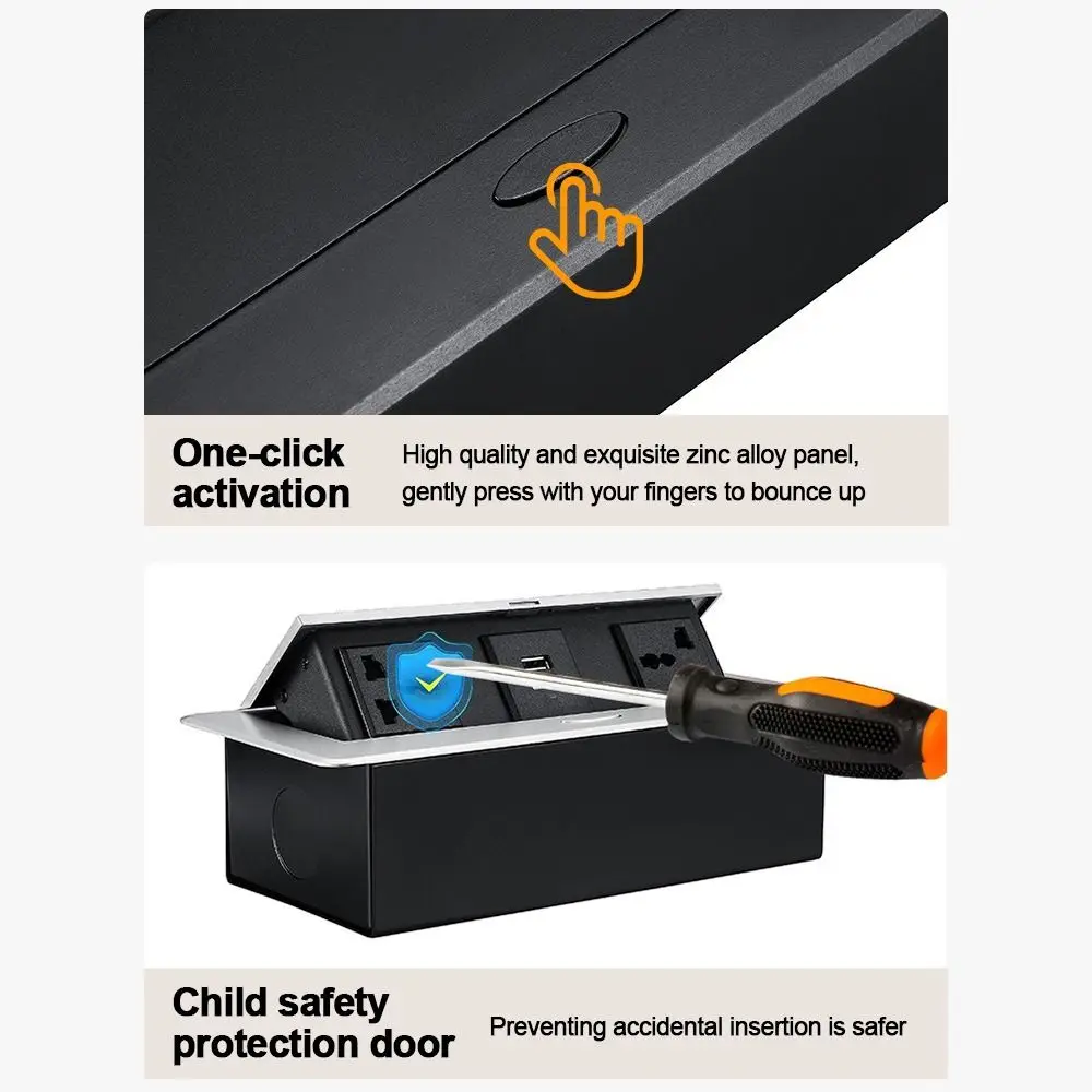 Metal Panel Table Top Recess Outlet Embedded Flipper Cover Bounce Multi-Functional with 2 USB Port Desktop Plug-In Adapter