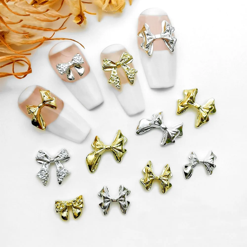 10PCS Gold/Silver Metal Bow Nail Art Charms 3D Alloy Bowknot Shiny Nail Decoration DIY Luxury Manicure Parts Accessories Bulk