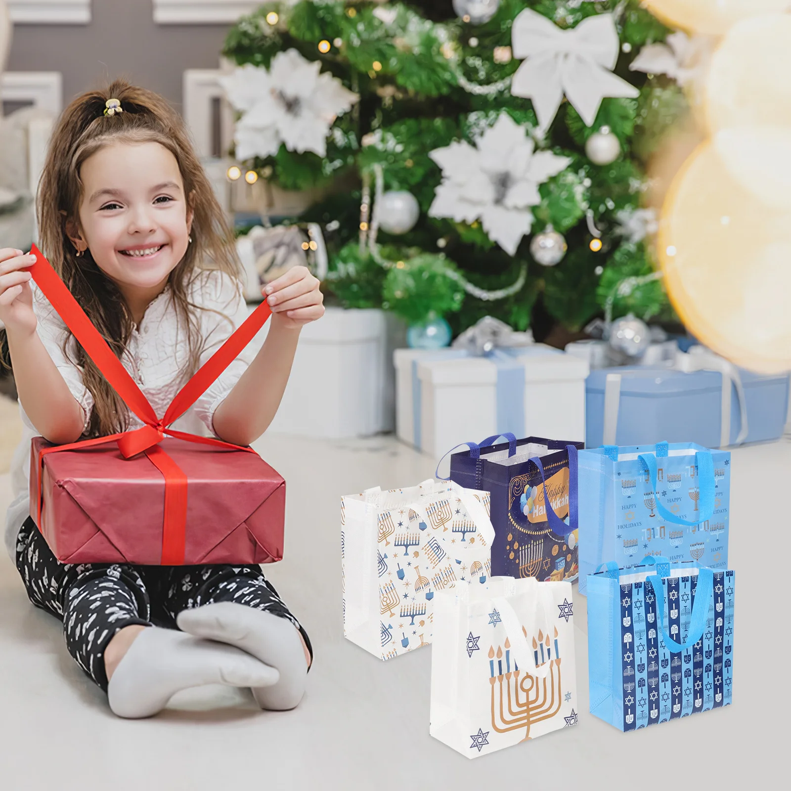 

12Pcs Hanukkah Party Favor Bags Reusable Non-Woven Fabric Gift Tote Carriers Holiday Festival Present Pouches Supplies