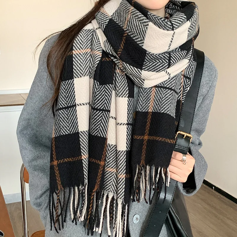 

Women Plaid Long Scarf Winter Warm Cashmere Women Pashmina Foulard Bandana Scarves Female Luxury Hijab Tassel Shawl Wraps