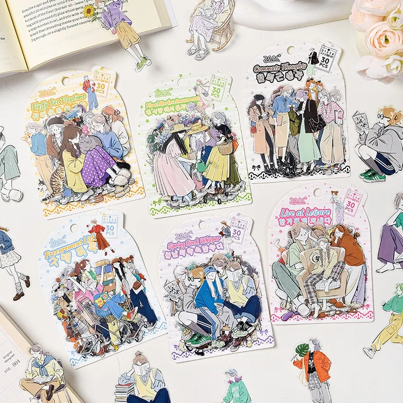 30 Pcs/pack Leisurely Life Waterproof Sticker Pack for Journaling Scrapbooks Supplies Notebook Planner Hand Made Craft