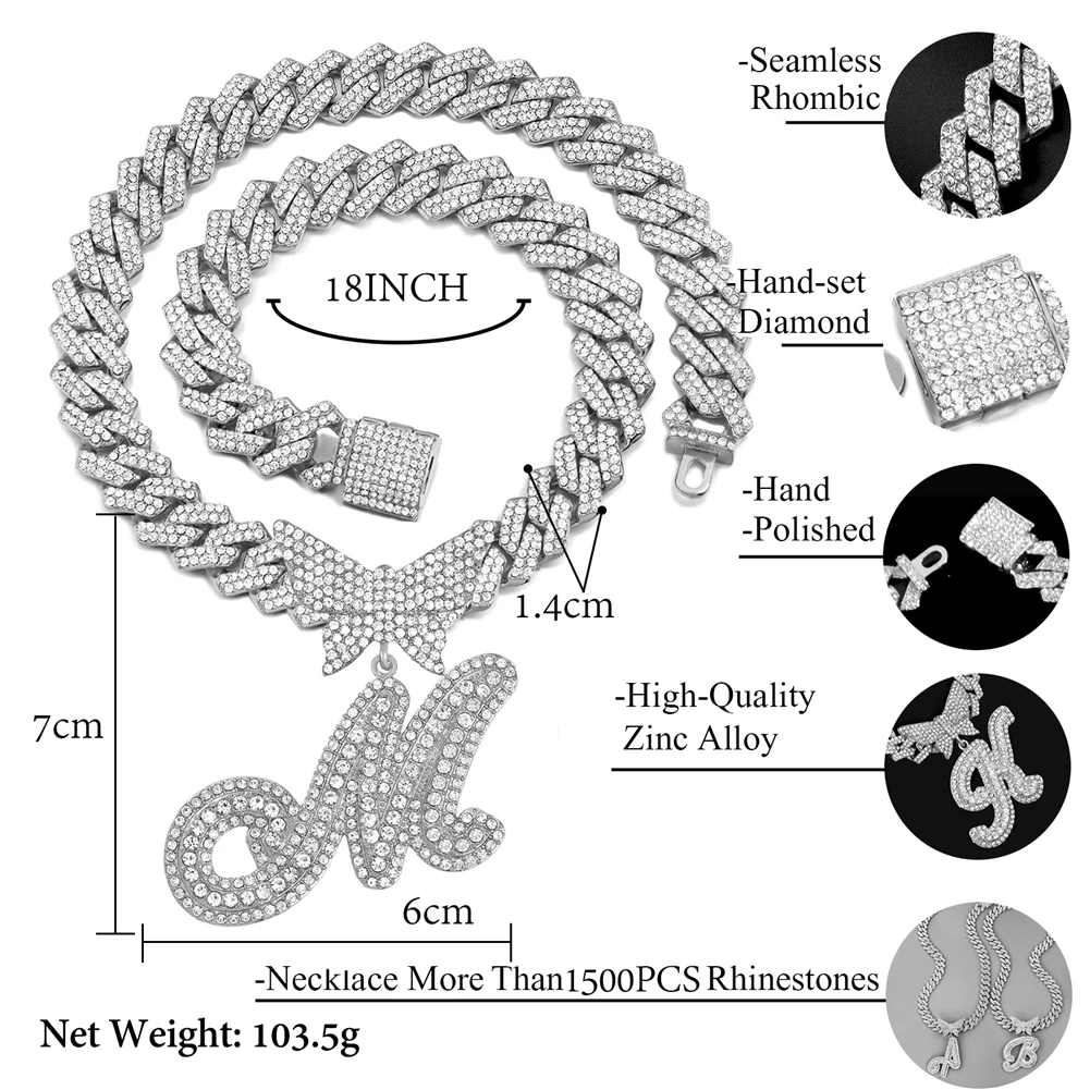 2023 Silver Color Prong Miami Cuban Chain Necklace Punk Crystal Butterfly Cursive Letter Cuban Necklace Hip Hop Jewelry Gifts