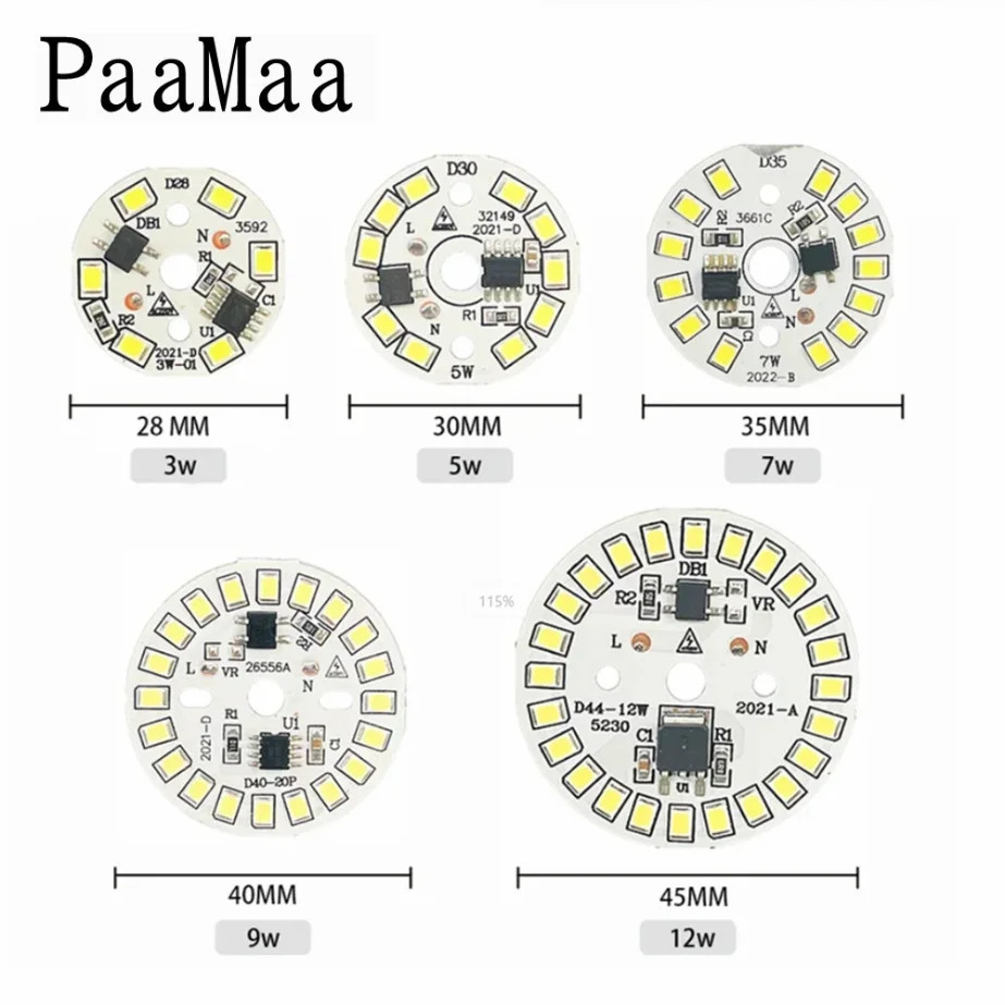 3W 5W 7W 9W 12W 15W 18W LED Chip do żarówki SMD 2835 Led Okrągłe żarówki Chipsy świetlne Koraliki AC 220V Oświetlenie Reflektor Żarówka Chip