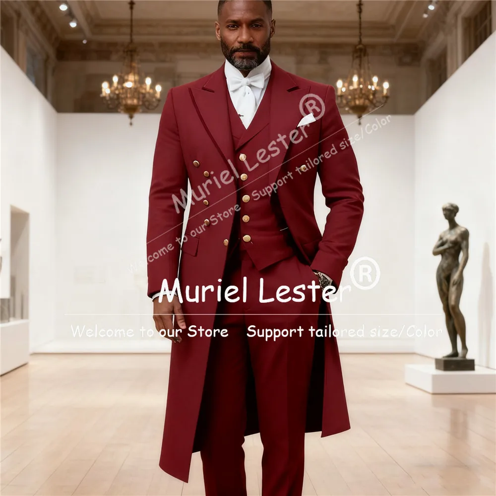

Elegant Wine Red Solid Men's Suit Attire Long 3 Piece Costume Homme Customized Man Banquet Groom Tuxedos Business Party Outfits