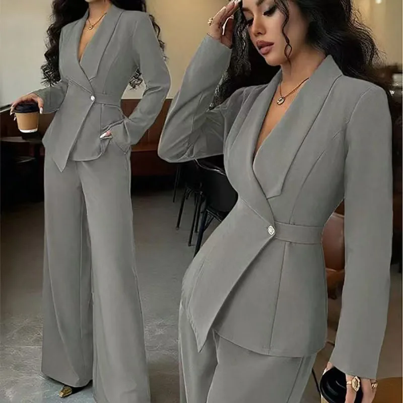 women's 2026 autumn cross-border American suit temperament fashion long-sleeved blazer straight pants up and down two-piece set