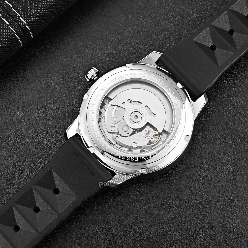 Parnis 42mm Sapphire Crystal NH35 Automatic Men\'s Watch Stainless Steel Case Rubber Strap