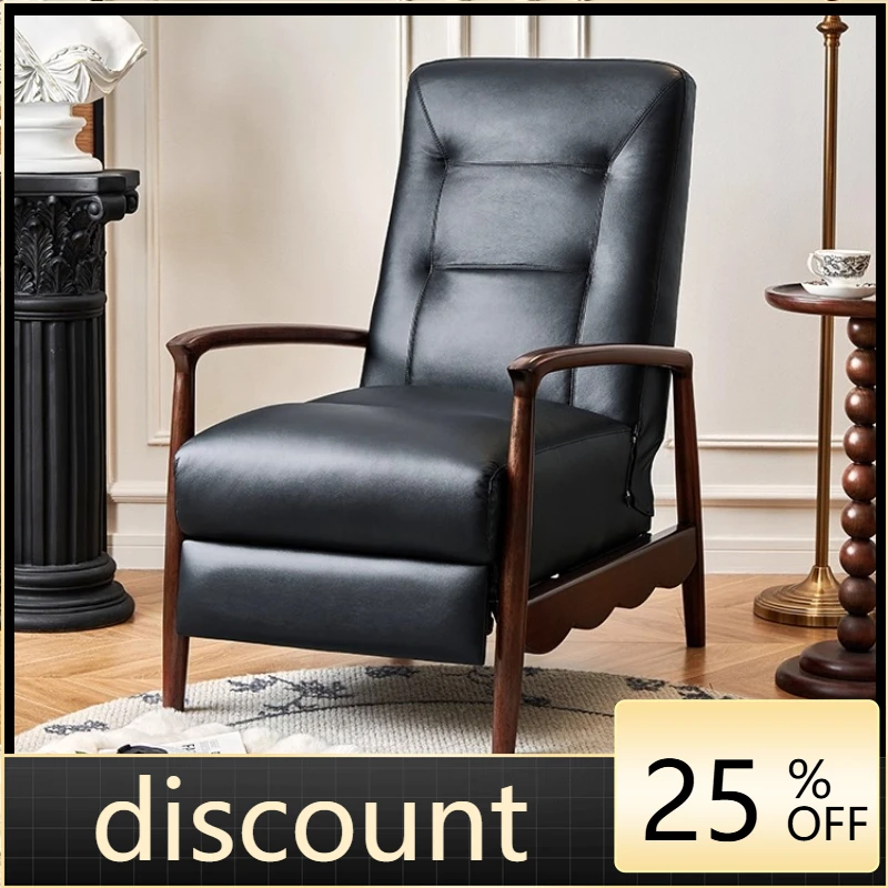 LMM retro style black leather functional chair first layer cowhide living room single chair
