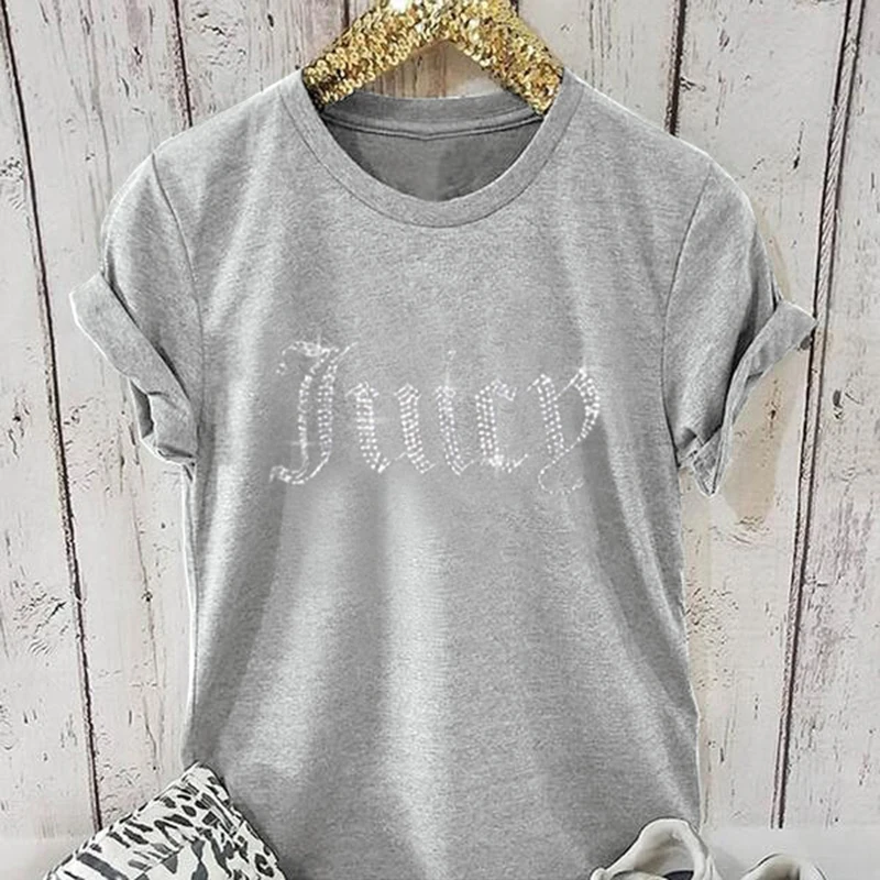 Rhinestone Letter 2000s Print Women Slim Crop Top Gothic Cute Baby Tee Vintage Grunge T-Shirt Y2k Clothes Summer Top Streetwear