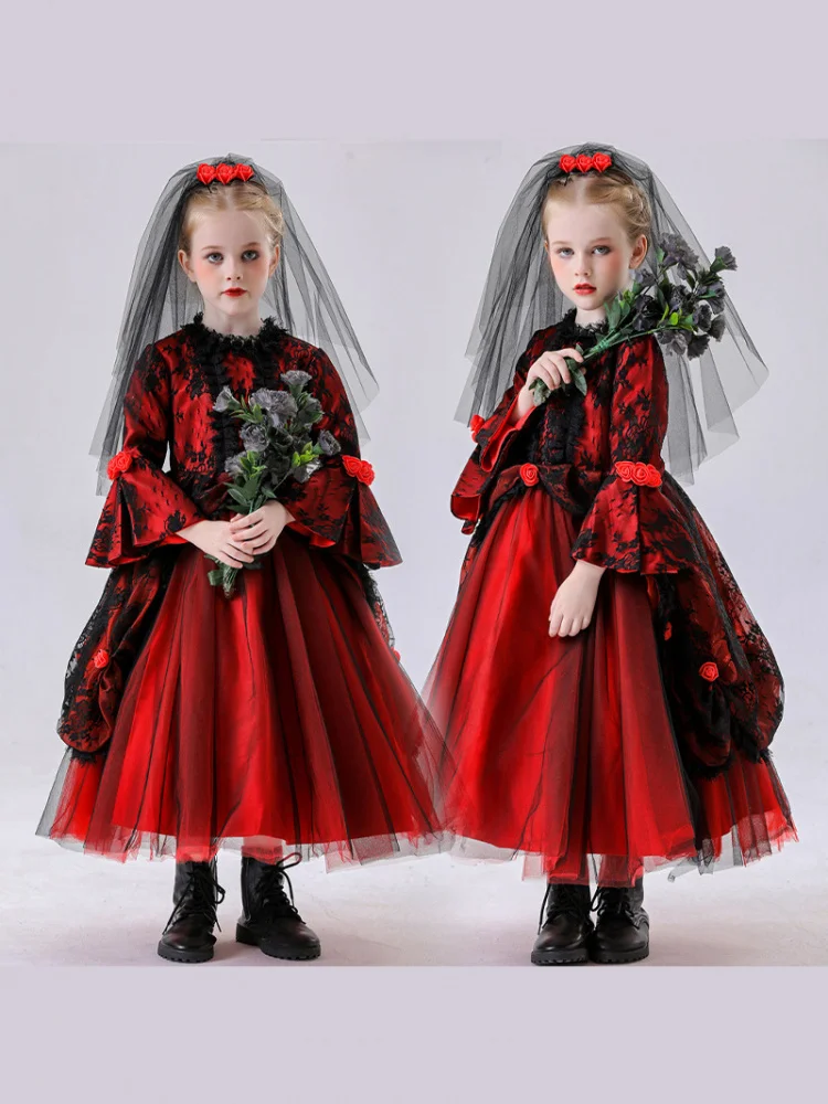 زي مصاص دماء للأطفال لعيد الهالوين، فستان أميرة ساحرة، زي أداء مسرحي، زي عروس شبح أحمر جديد، تنورة قطنية بخصر مرتفع