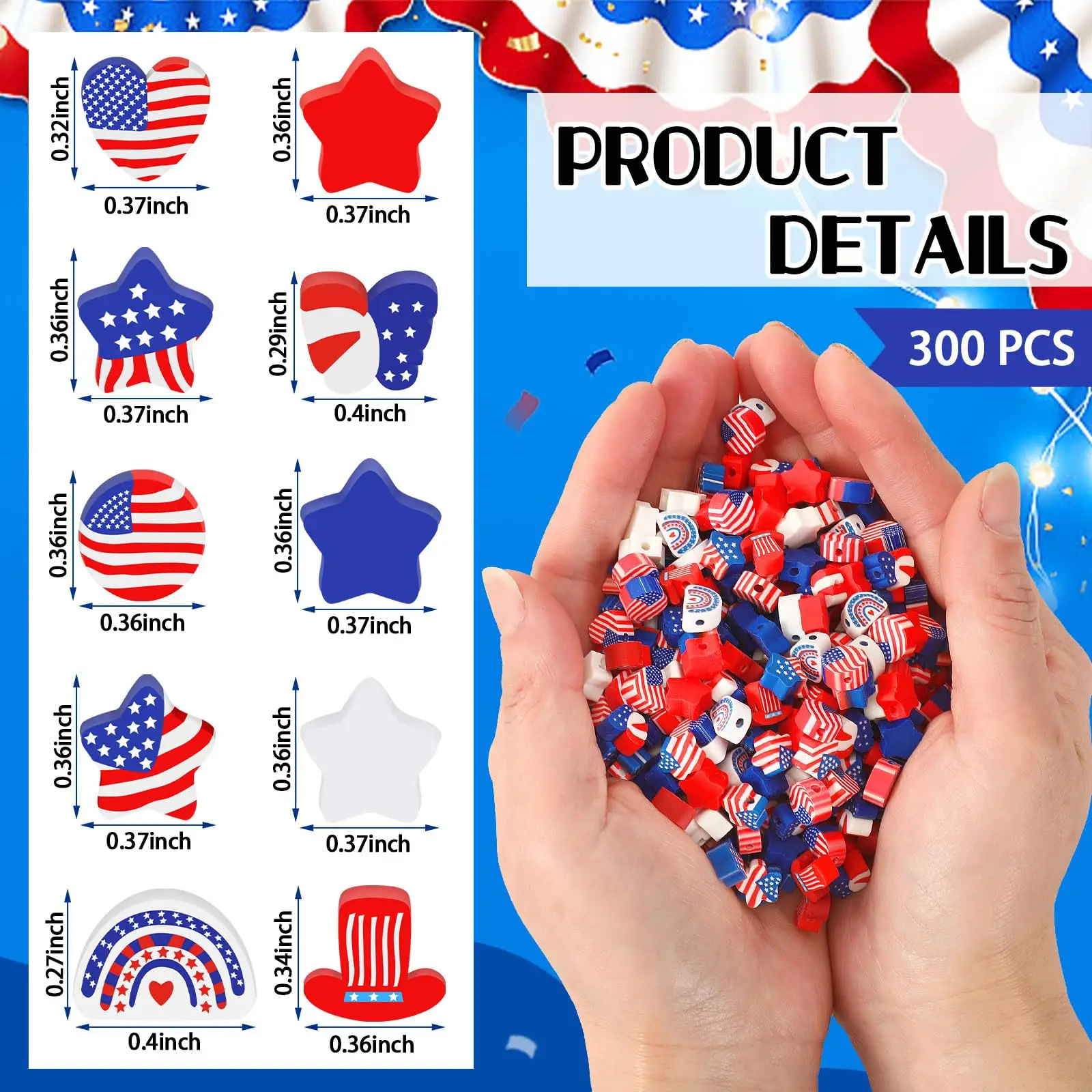 300Pcs Usa Flag Polymer Clay Beads, Patriotic DIY Craft Beads for 4Th of July Jewelry Making