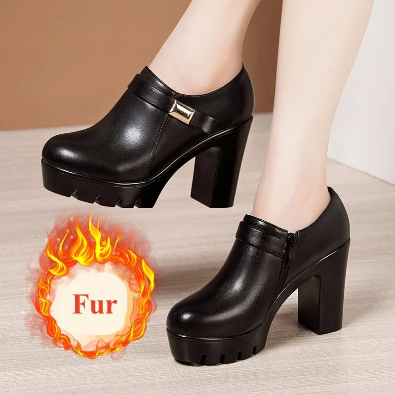 10cm Small Size 32-43 Deep mouth Platform Pumps with Fur 2024 Fall Winter Block High Heels Shoes Black for Office Model Mom